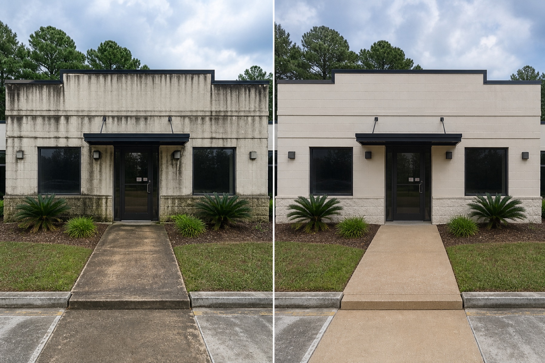 Illustrative side-by-side example of a commercial building before and after pressure washing