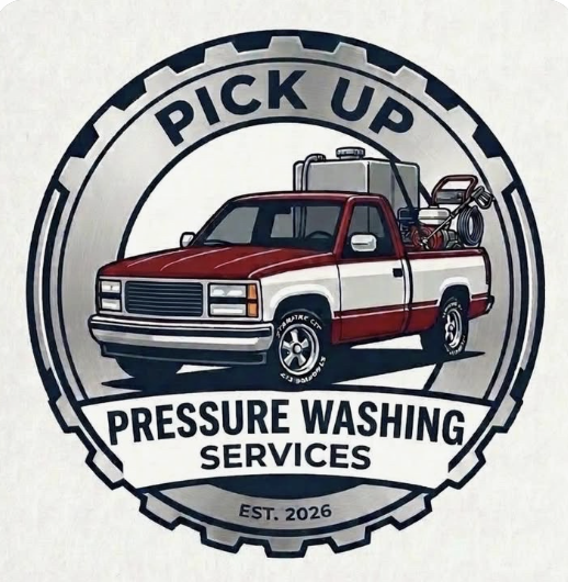 Pick Up Pressure Washing Services logo featuring a red and white pickup truck with pressure washing equipment