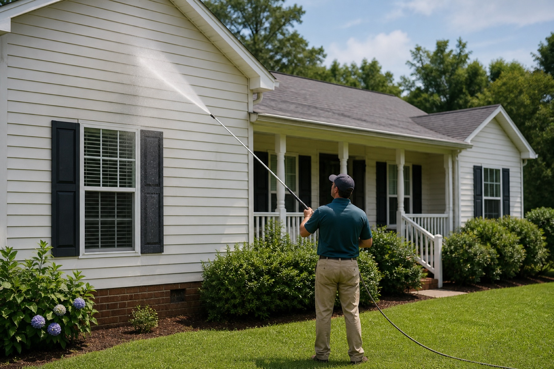 Professional soft washing of light-colored home siding